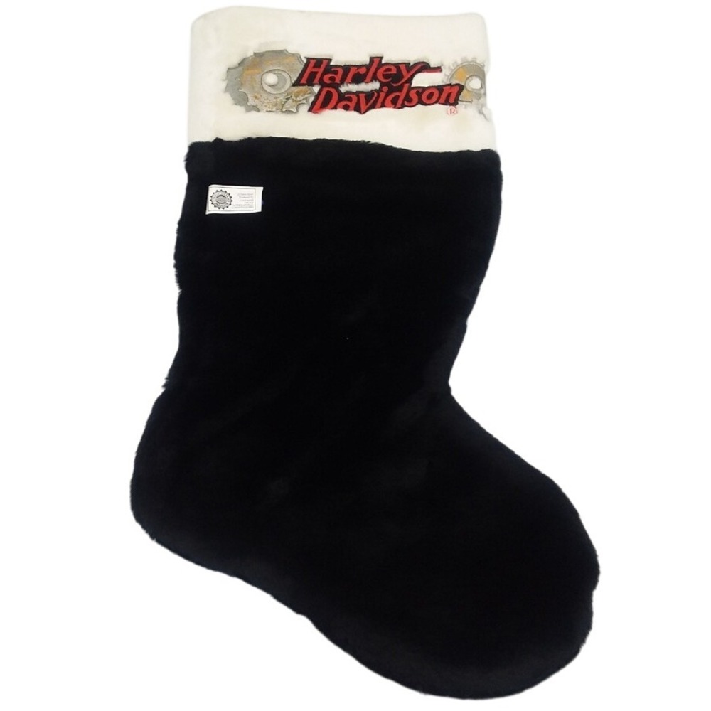 Vintage 2000 Harley Davidson Christmas Stocking Black Faux Fur Holiday Biker USA